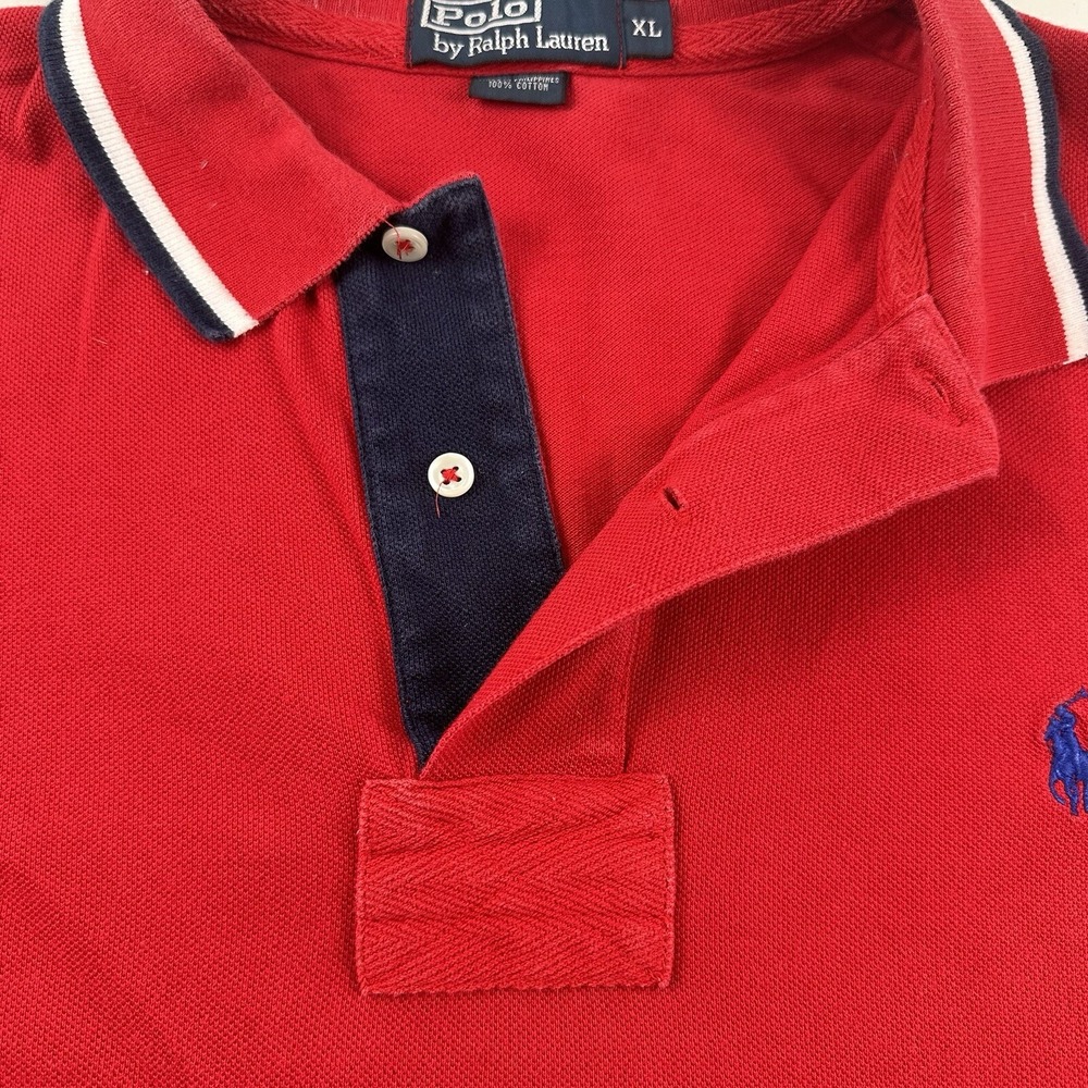 Vtg Ralph Lauren Mens XL Polo Shirt Red Navy Blue Pony Rugby Golf Short Sleeve - Picture 5 of 13